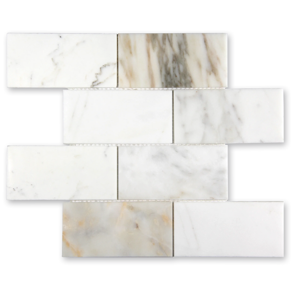 Aurora 3x6 Subway Calacatta Gold Marble Mosaic Tile - 12" x 12"