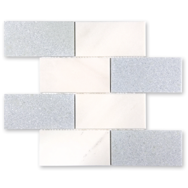 Aurora 3x6 Subway Sky Blue Marble Mosaic Tile - 12" x 12"