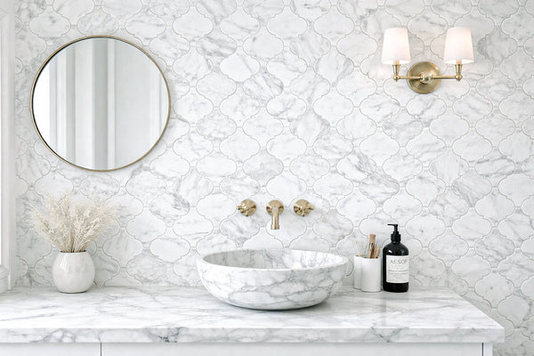 Aurora Arabesque Calacatta Grey Marble Mosaic Tile - 12.2" x 12.2"