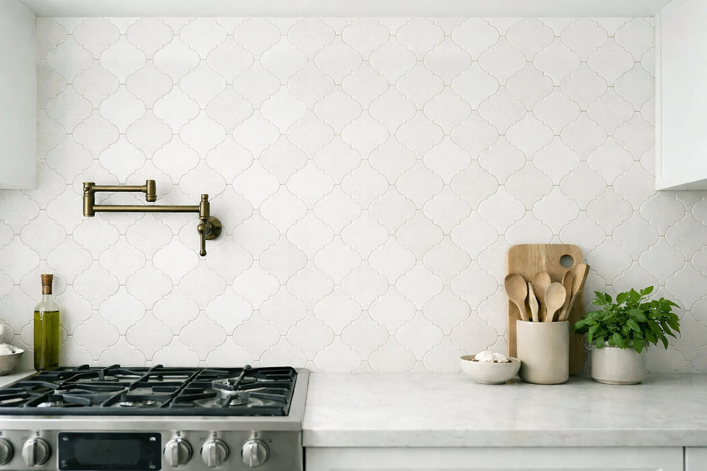 Aurora Arabesque Frost White Marble Mosaic Tile - 12.2" x 12.2"