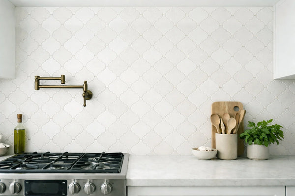 Aurora Arabesque Frost White Marble Mosaic Tile - 12.2" x 12.2"