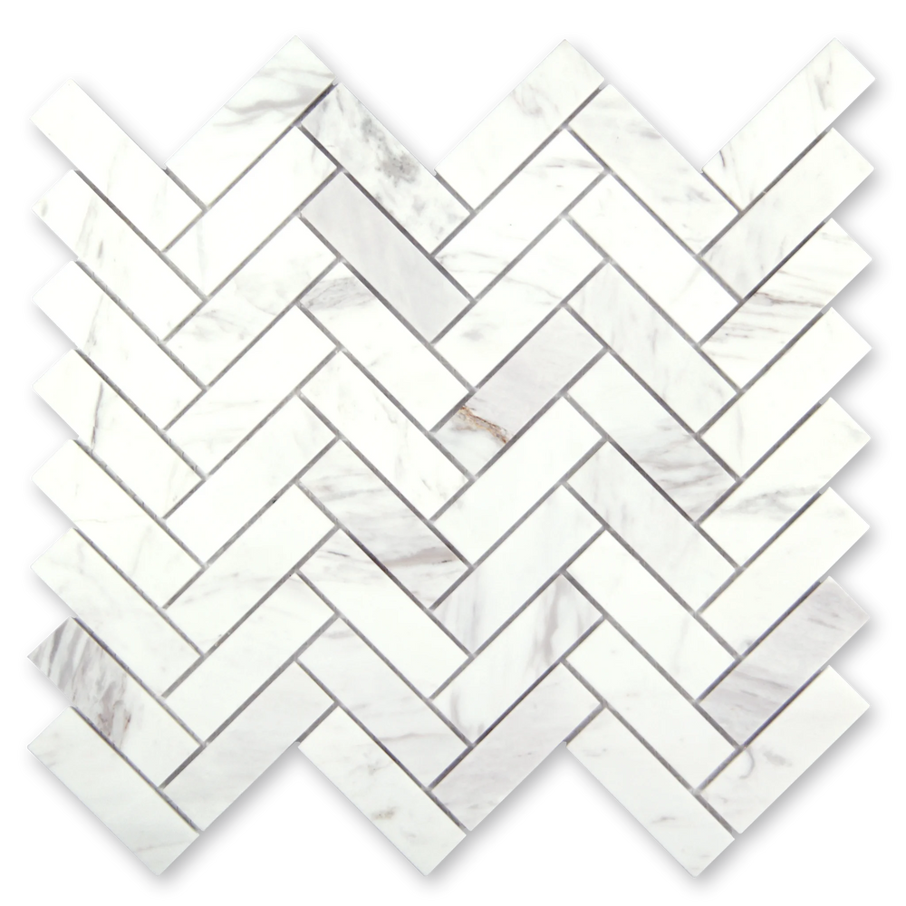 Aurora Herringbone Calacatta Grey Marble Mosaic Tile - 11" x 12.5"