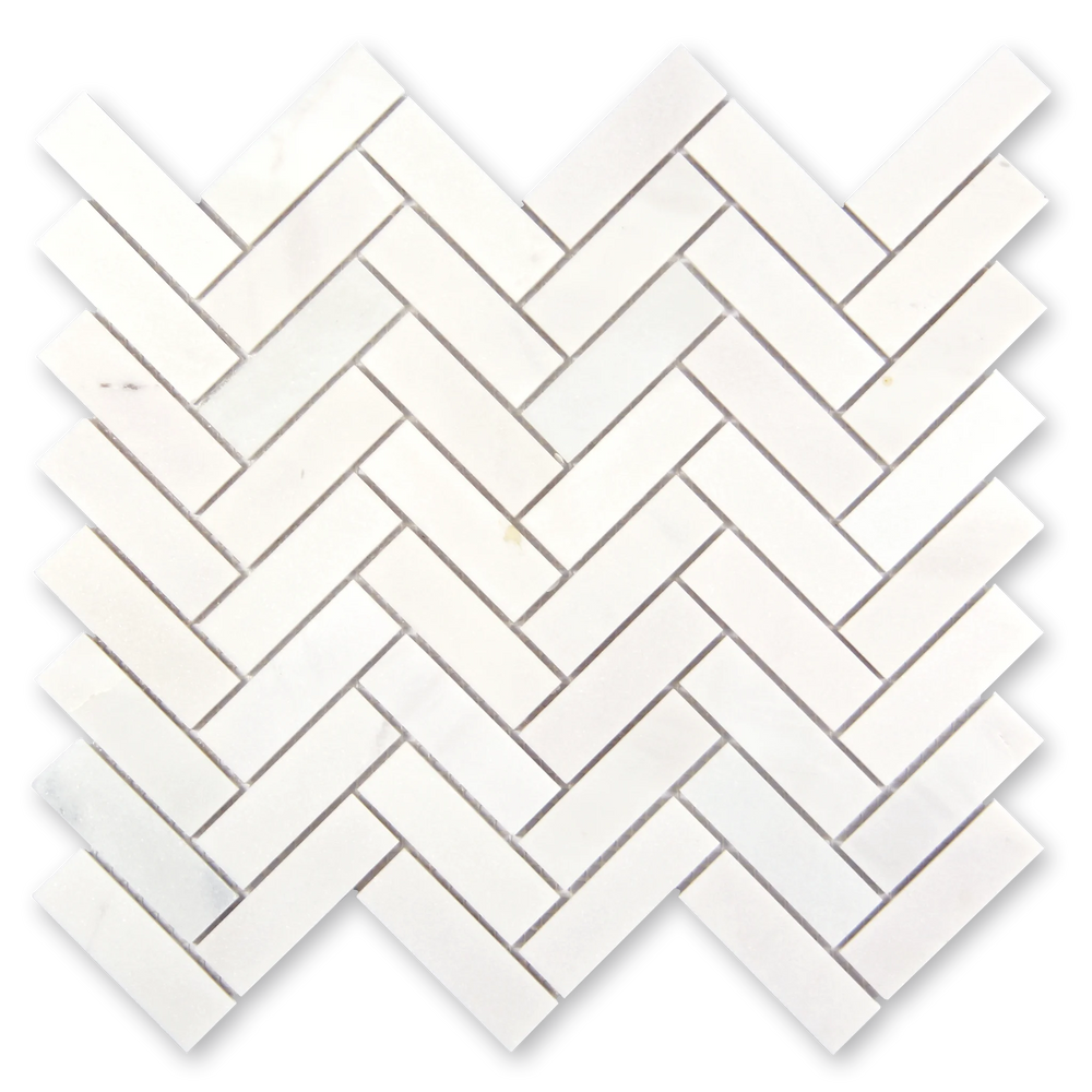 Aurora Herringbone Frost White Marble Mosaic Tile - 11" x 12.5"