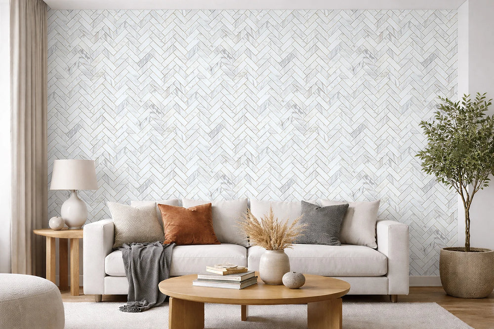 Aurora Herringbone Calacatta Grey Marble Mosaic Tile - 11" x 12.5"