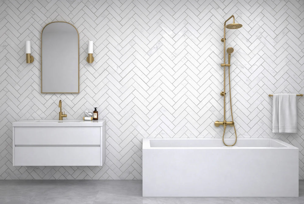 Aurora Herringbone Frost White Marble Mosaic Tile - 11" x 12.5"