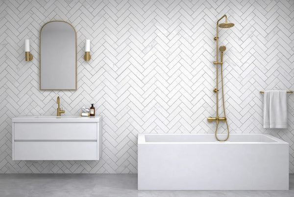 Aurora Herringbone Frost White Marble Mosaic Tile - 11" x 12.5"