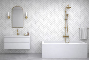 Aurora Herringbone Frost White Marble Mosaic Tile - 11" x 12.5" - Sample