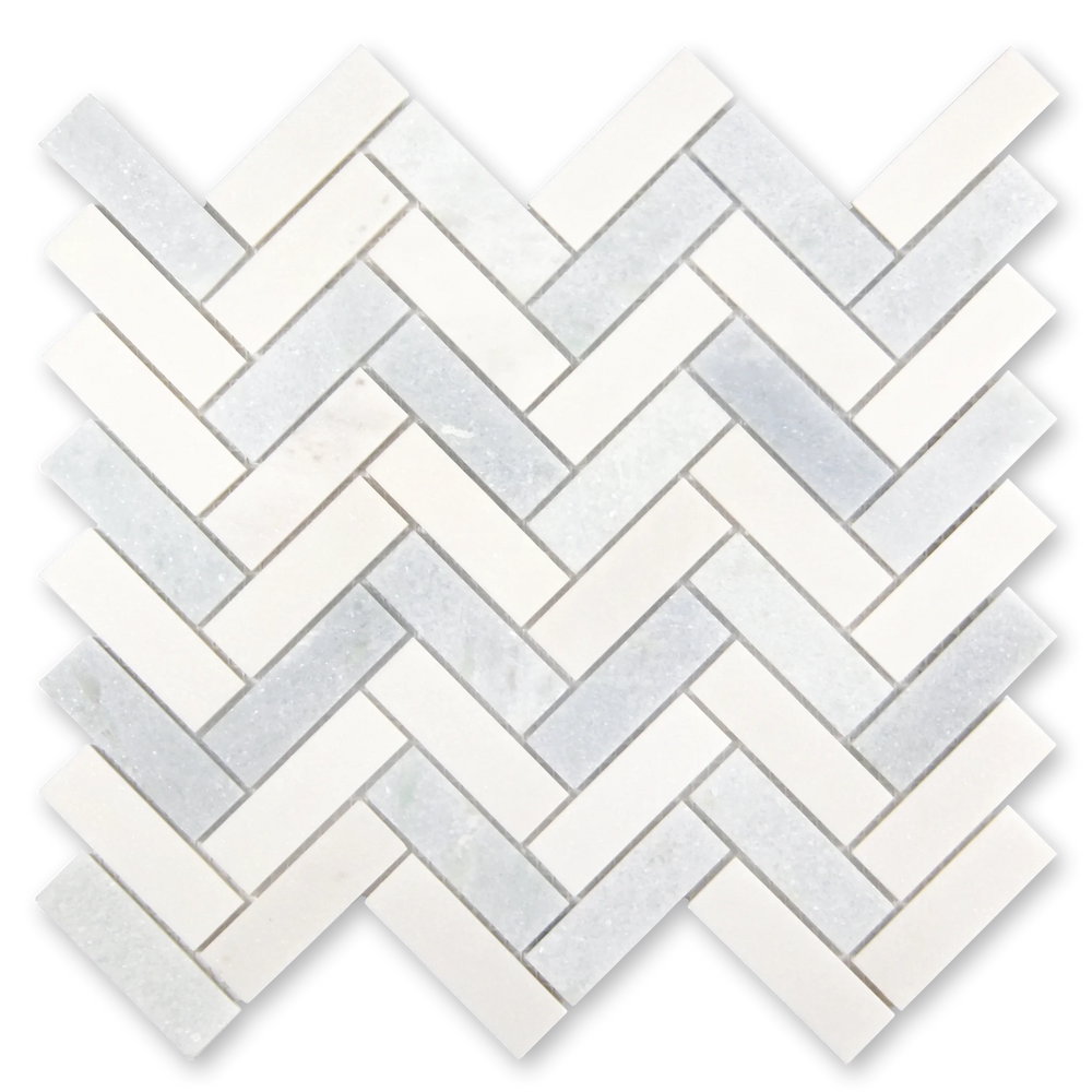 Aurora Herringbone Sky Blue Marble Mosaic Tile - 11" x 12.5"