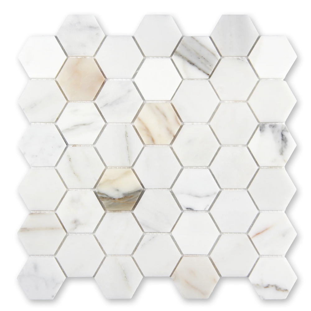Aurora Hexagon Calacatta Gold Marble Mosaic Tile - 11.625 x 12"
