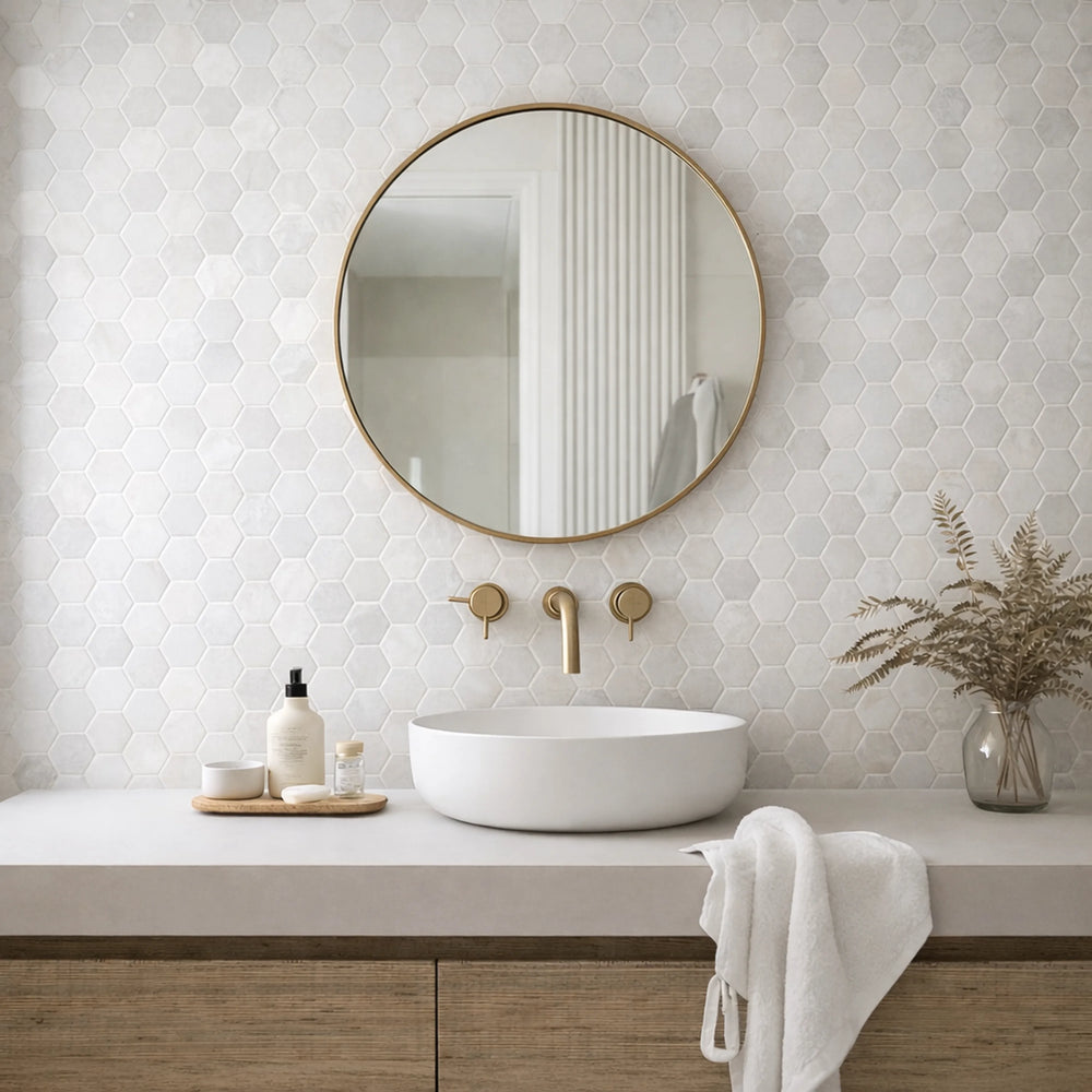 Aurora Hexagon Frost White Marble Mosaic Tile - 11.625 x 12"