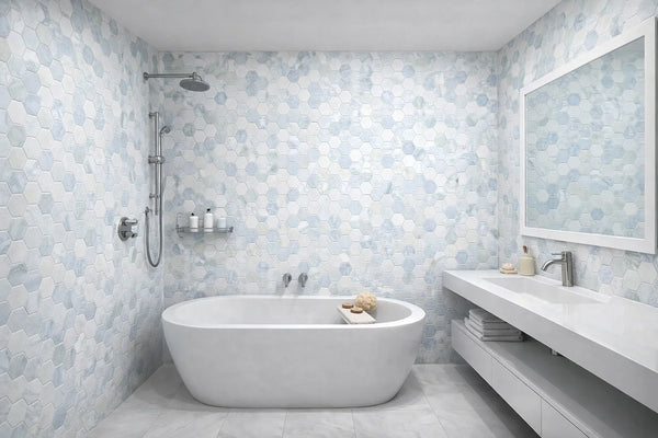 Aurora Hexagon Sky Blue Marble Mosaic Tile - 11.625 x 12"