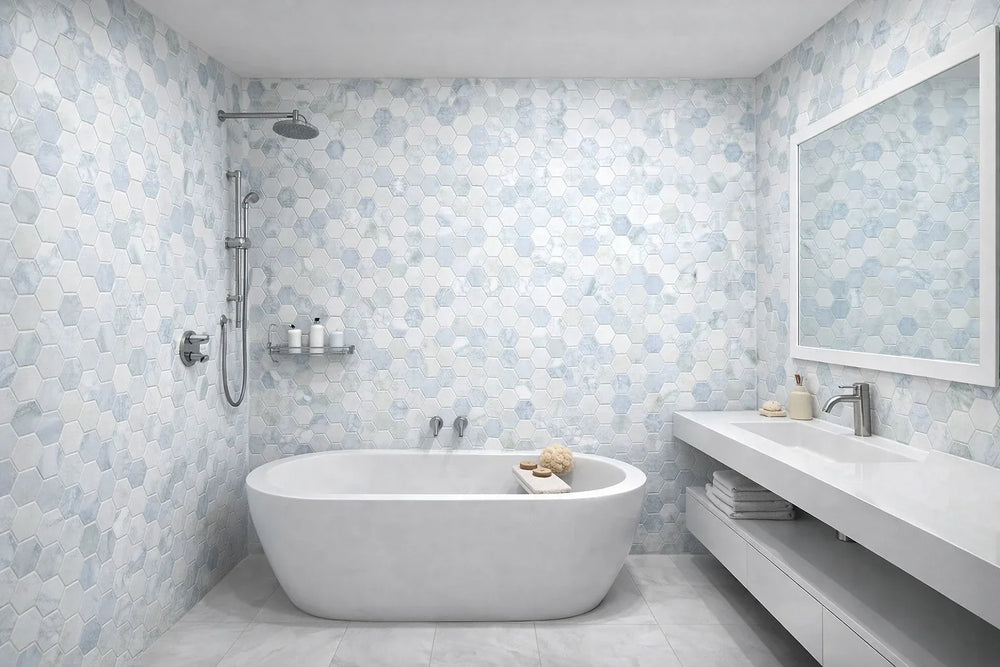 Aurora Hexagon Sky Blue Marble Mosaic Tile - 11.625 x 12" - Sample