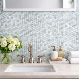 Aurora Penny Round Sky Blue Marble Mosaic Tile - 11.6" x 12"