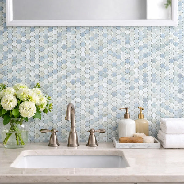 Aurora Penny Round Sky Blue Marble Mosaic Tile - 11.6" x 12"