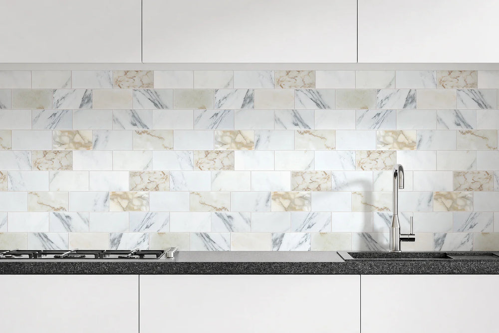 Aurora 3x6 Subway Calacatta Gold Marble Mosaic Tile - 12" x 12"