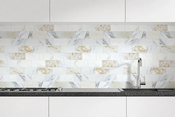 Aurora 3x6 Subway Calacatta Gold Marble Mosaic Tile - 12" x 12"