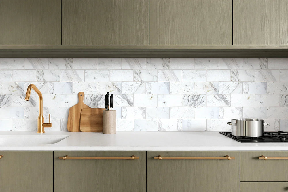Aurora 3x6 Subway Calacatta Grey Marble Mosaic Tile - 12" x 12" - Sample