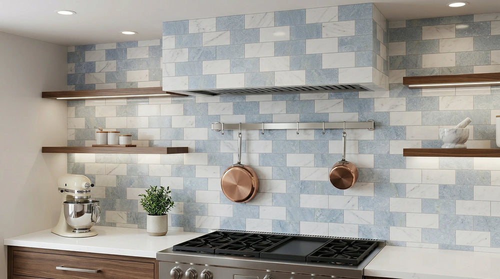 Aurora 3x6 Subway Sky Blue Marble Mosaic Tile - 12" x 12"