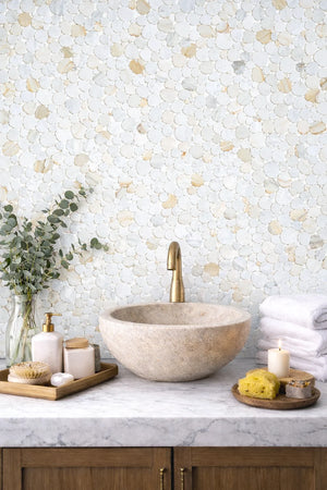 Marnex Sliced Pebble Calacatta Gold Marble Mosaic Tile – 12" x 12"
