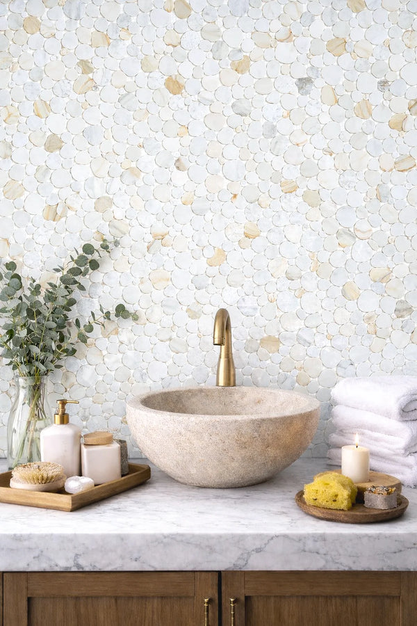 Marnex Sliced Pebble Calacatta Gold Marble Mosaic Tile – 12" x 12"