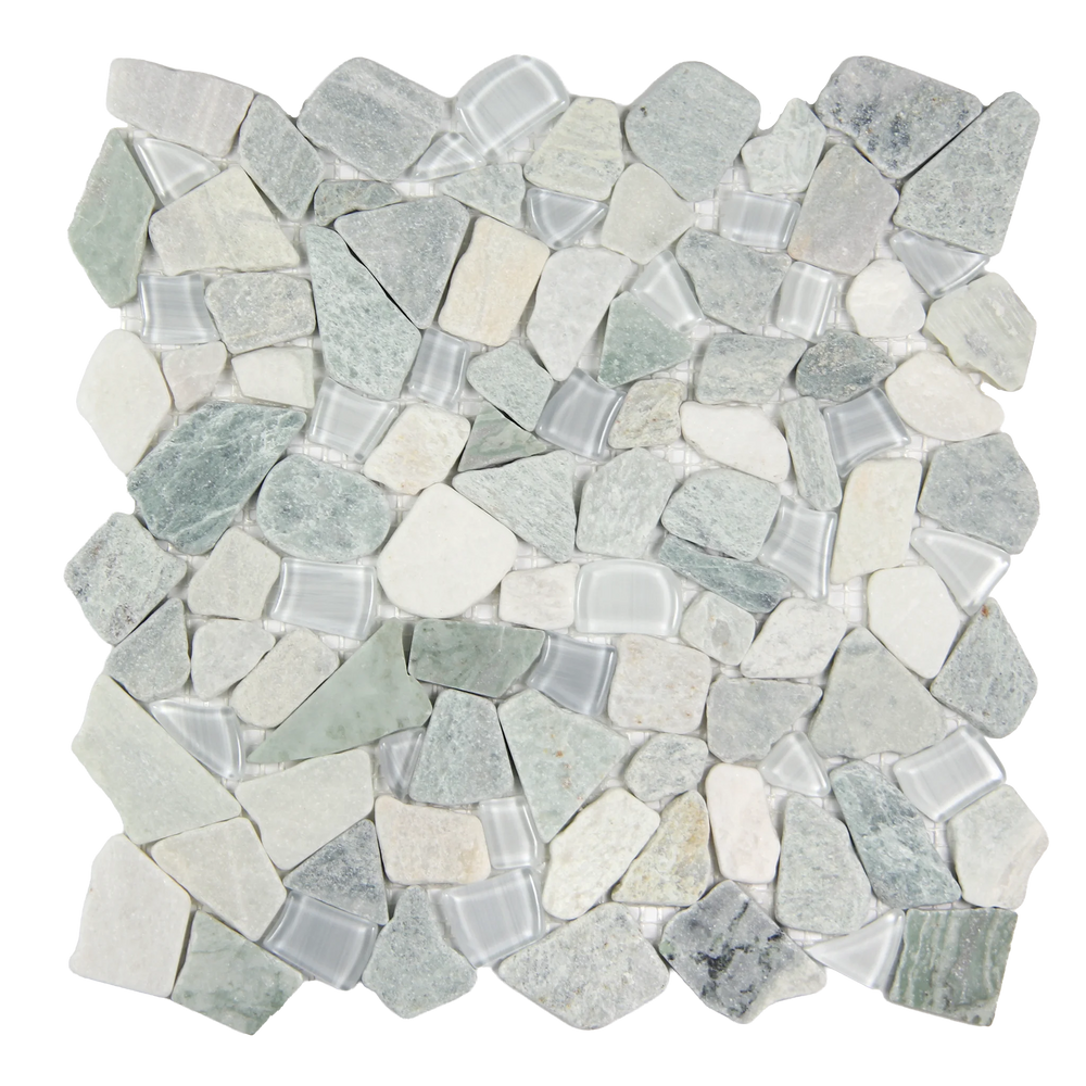 Novare Sliced Stone and Glass Sage Green Mosaic Tile – 12" x 12"