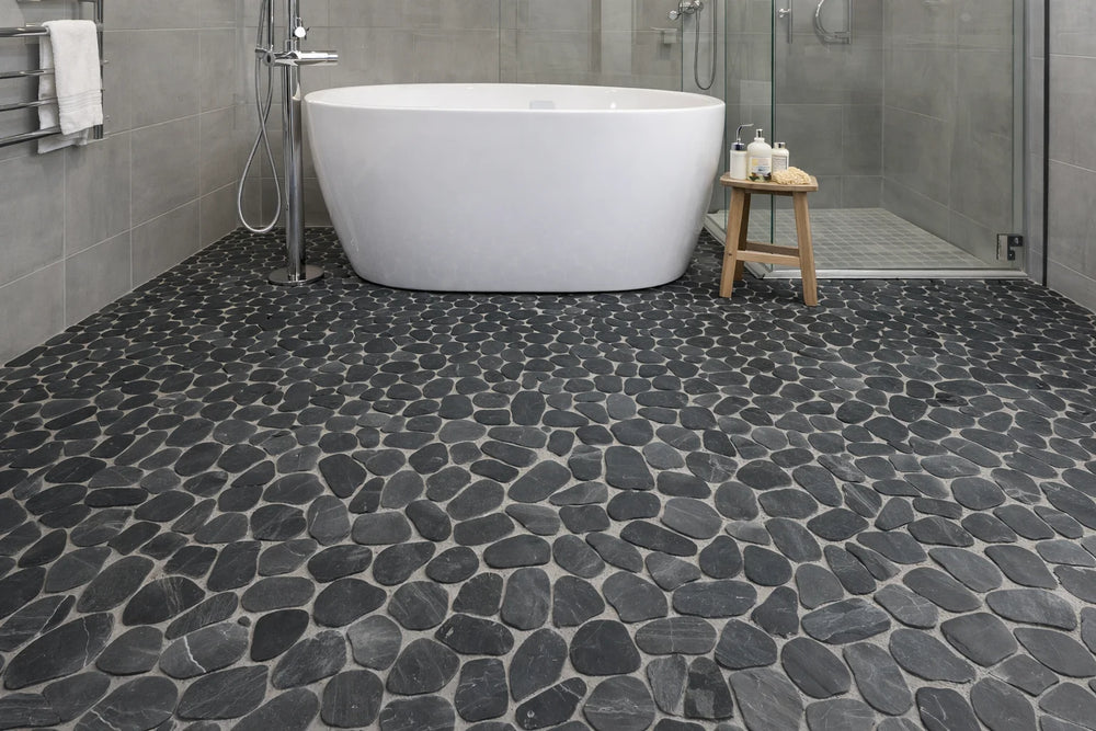 Pebbleluxe Sliced Pebble Stone Black Mosaic Tile – 12" x 12"