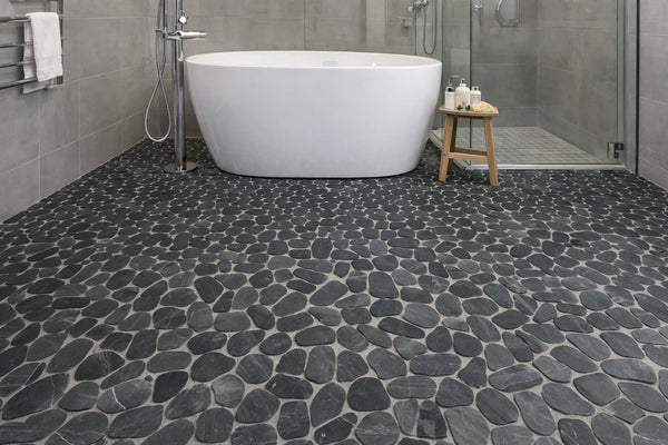 Pebbleluxe Sliced Pebble Stone Black Mosaic Tile – 12" x 12"