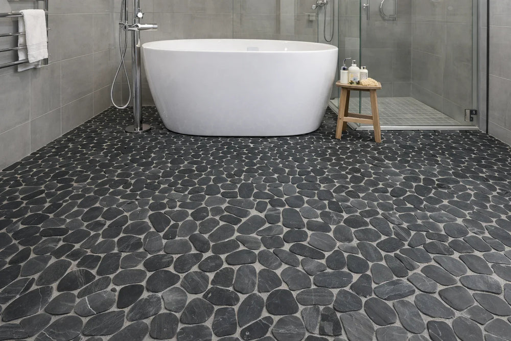 Pebbleluxe Sliced Pebble Stone Black Mosaic Tile – 12" x 12" - Sample
