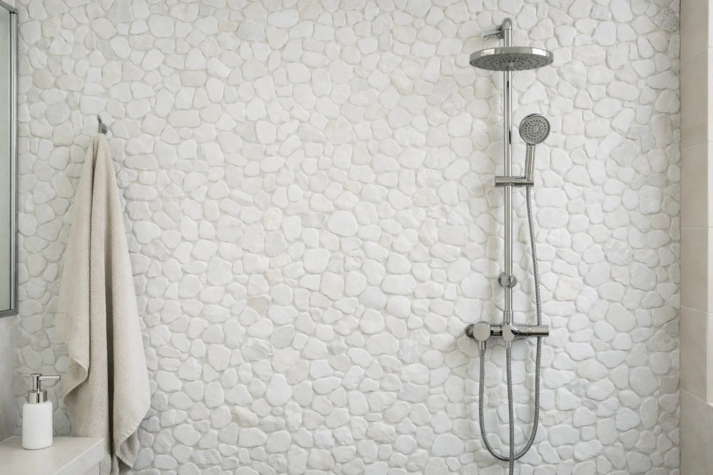Pebbleluxe Sliced Pebble Stone Frost White Mosaic Tile – 12" x 12"