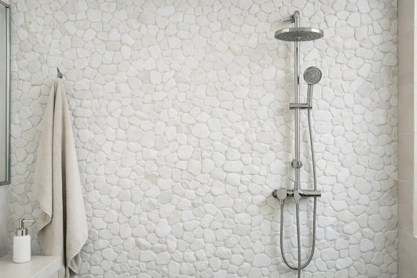 Pebbleluxe Sliced Pebble Stone Frost White Mosaic Tile – 12" x 12"