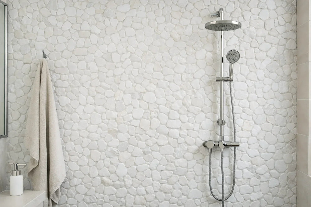 Pebbleluxe Sliced Pebble Stone Frost White Mosaic Tile – 12" x 12" - Sample