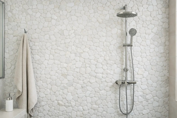 Pebbleluxe Sliced Pebble Stone Frost White Mosaic Tile – 12" x 12" - Sample