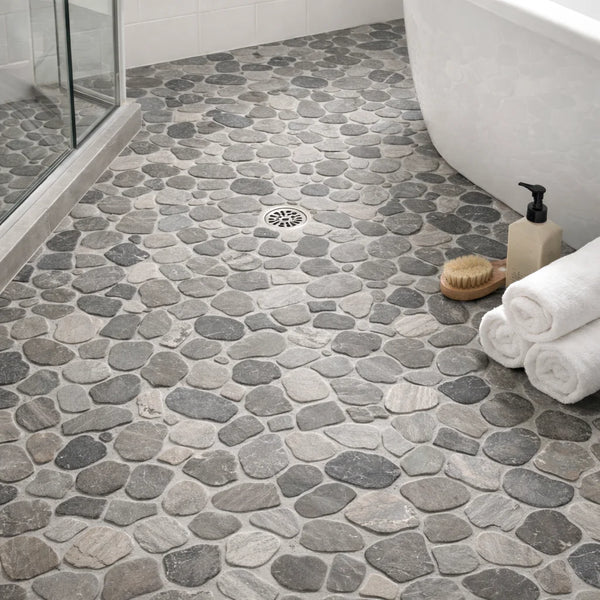 Pebbleluxe Sliced Pebble Stone Khaki Mosaic Tile – 12" x 12"