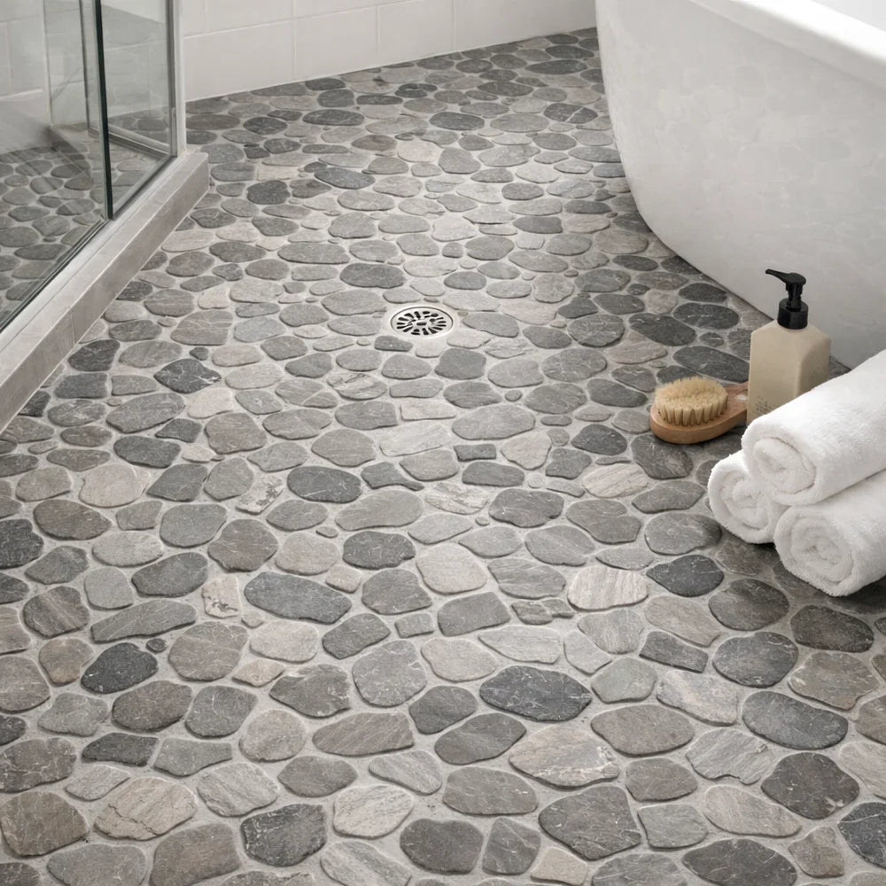 Pebbleluxe Sliced Pebble Stone Khaki Mosaic Tile – 12" x 12" - Sample