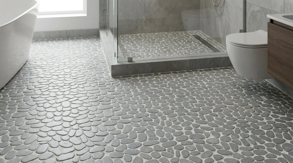 Pebbleluxe Sliced Pebble Stone Mist Grey Mosaic Tile – 12" x 12"
