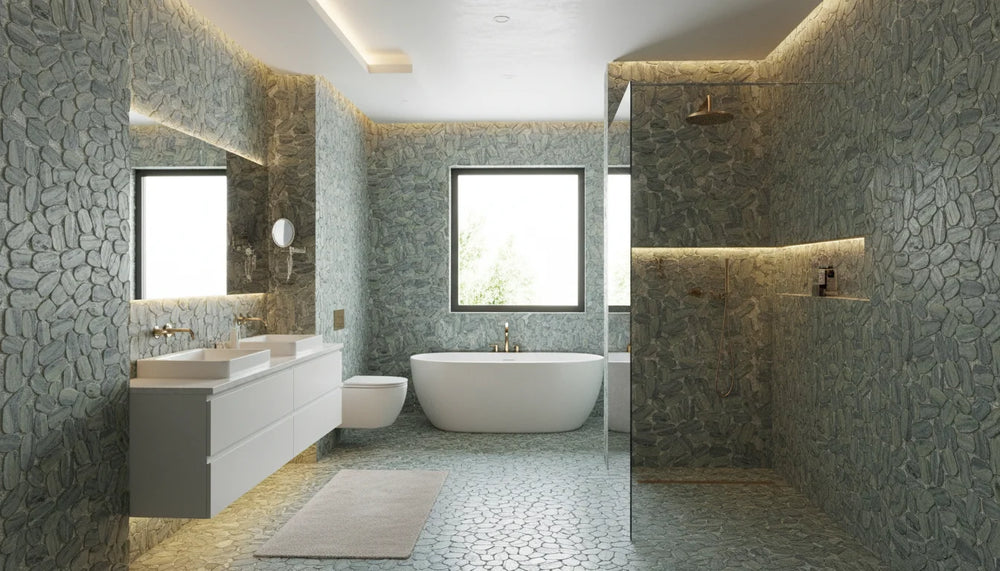 Pebbleluxe Sliced Pebble Stone Sage Green Mosaic Tile – 12" x 12"