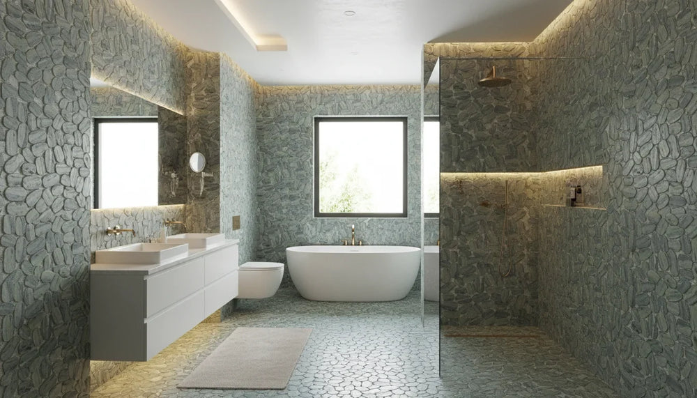 Pebbleluxe Sliced Pebble Stone Sage Green Mosaic Tile – 12" x 12" - Sample