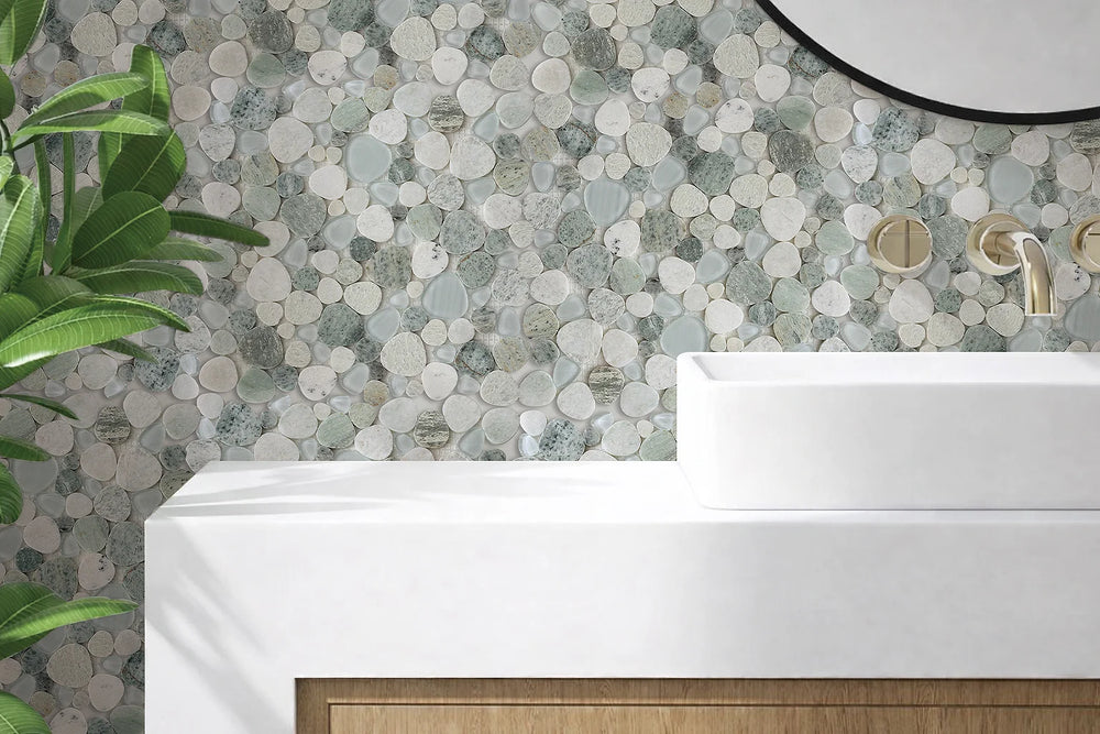 Sivera Sliced Marble and Glass Sage Green Mosaic Tile – 12" x 12”