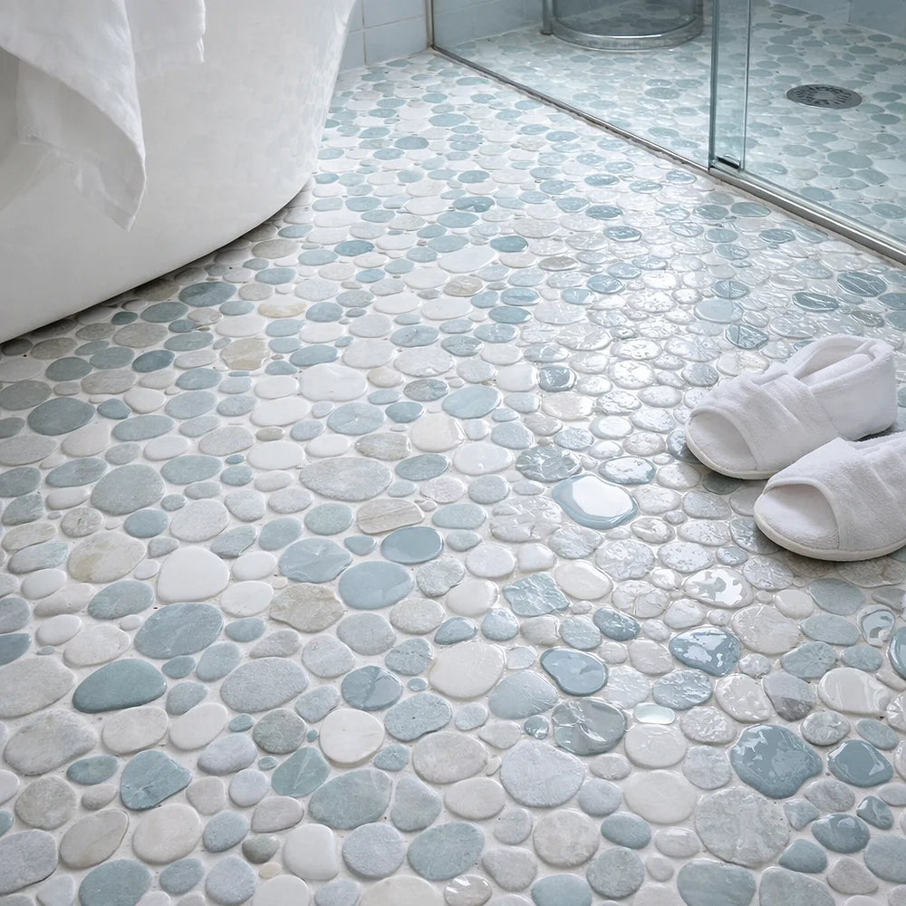 Sivera Sliced Marble and Glass Sky Blue Mosaic Tile – 12" x 12”