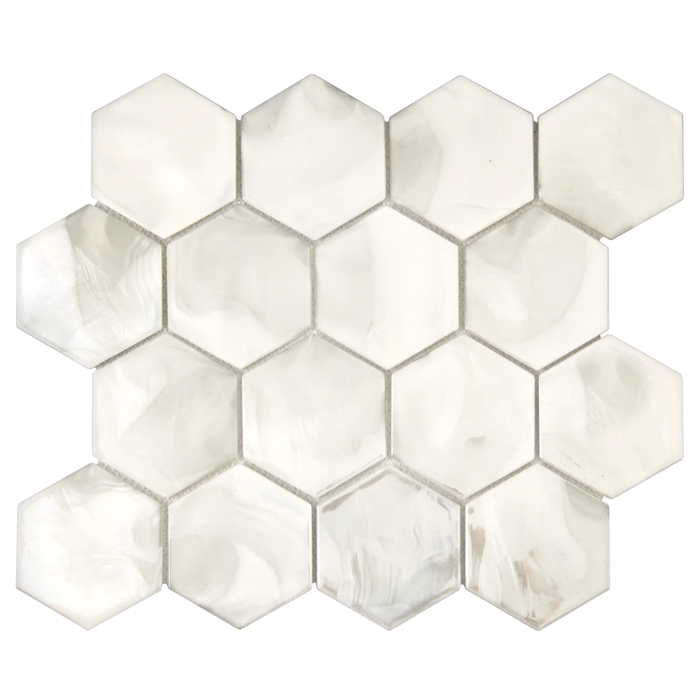 Tirra Hexagon Ivory Hot Glass Mosaic Tile – 11" x 12.6"
