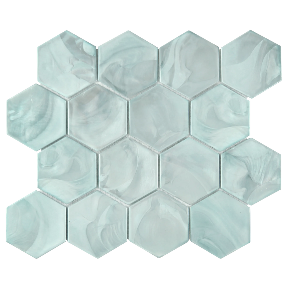 Tirra Hexagon Sage Green Hot Glass Mosaic Tile – 11" x 12.6"