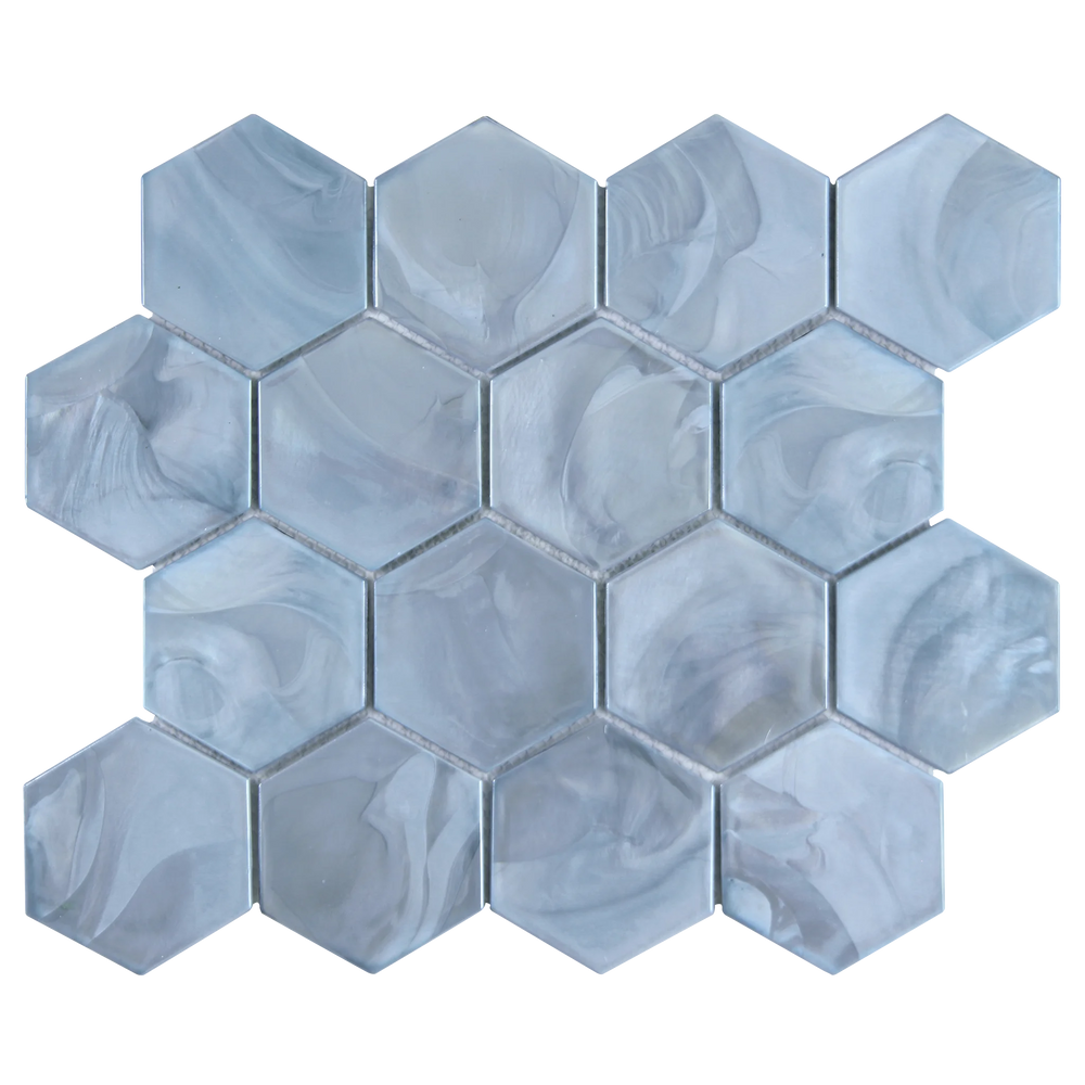 Tirra Hexagon Slate Blue Hot Glass Mosaic Tile – 11" x 12.6"