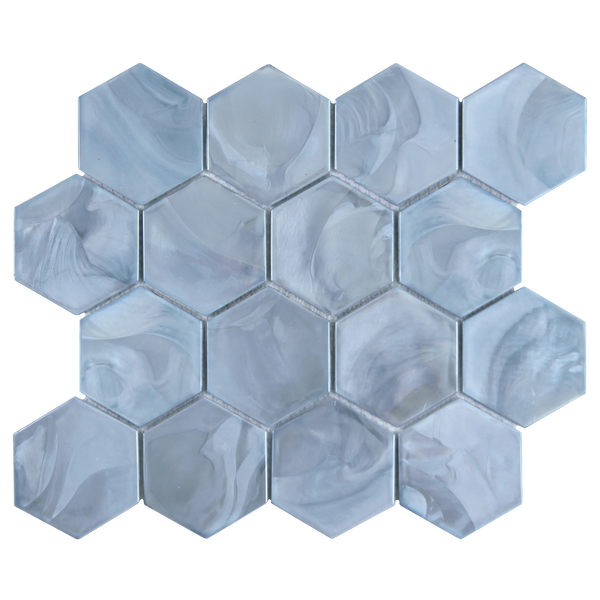 Tirra Hexagon Slate Blue Hot Glass Mosaic Tile – 11" x 12.6"