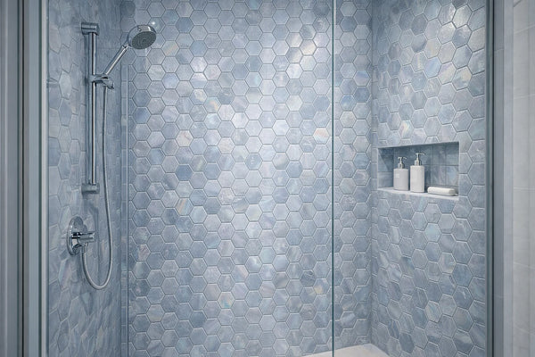 Tirra Hexagon Slate Blue Hot Glass Mosaic Tile – 11" x 12.6"