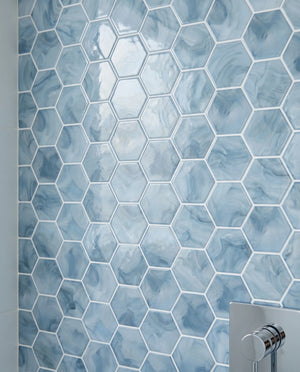 Tirra Hexagon Slate Blue Hot Glass Mosaic Tile – 11" x 12.6"