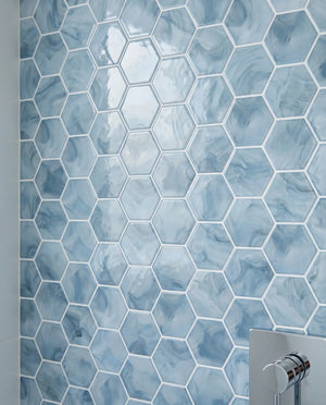 Tirra Hexagon Slate Blue Hot Glass Mosaic Tile – 11" x 12.6" - Sample