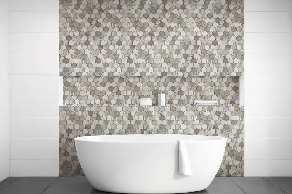 Vistan Hexagon Brown Matte Recycled Glass Mosaic Tile – 11" x 12.7”