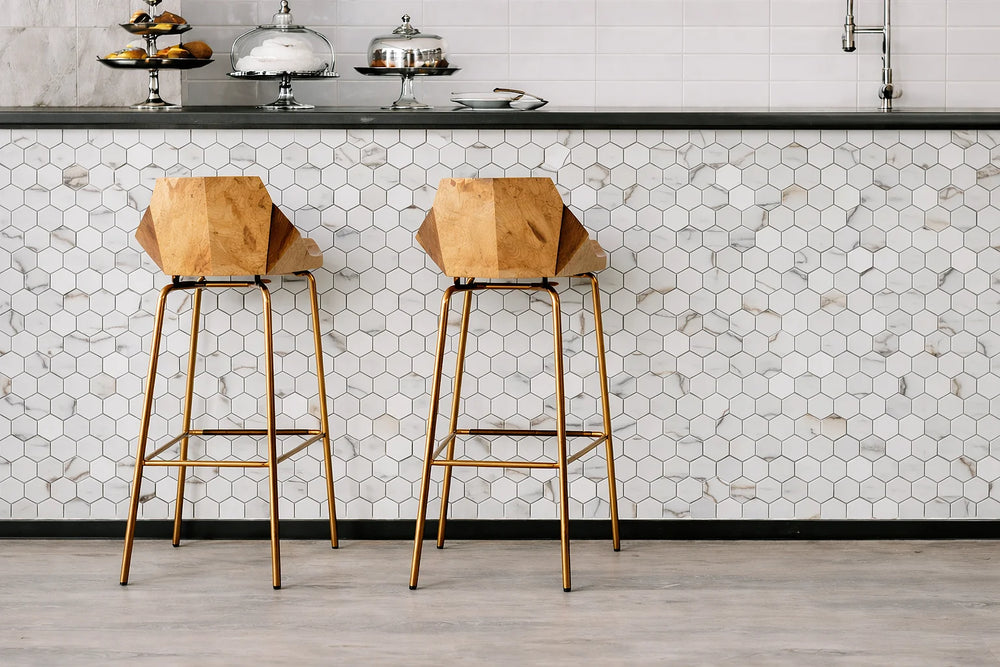 Vistan Hexagon Calacatta Gold Matte Recycled Glass Mosaic Tile – 11" x 12.7”