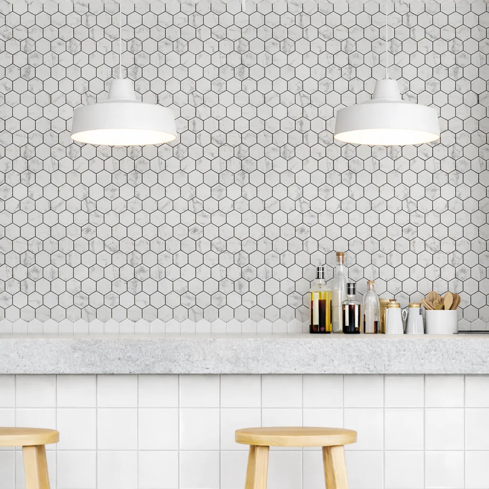 Vistan Hexagon Calacatta Grey Matte Recycled Glass Mosaic Tile – 11" x 12.7”