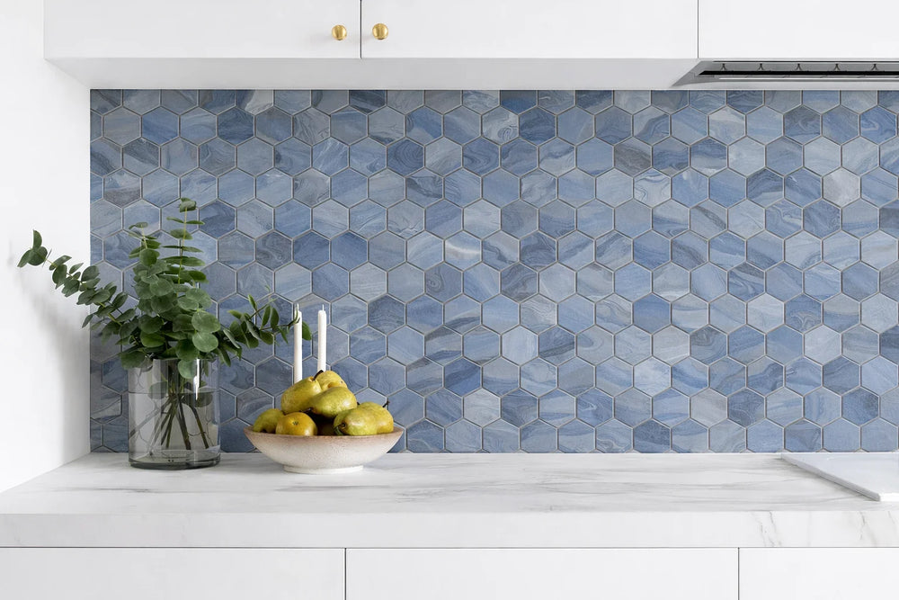 Vistan Hexagon Cobalt Blue Matte Recycled Glass Mosaic Tile – 11" x 12.7” - Sample